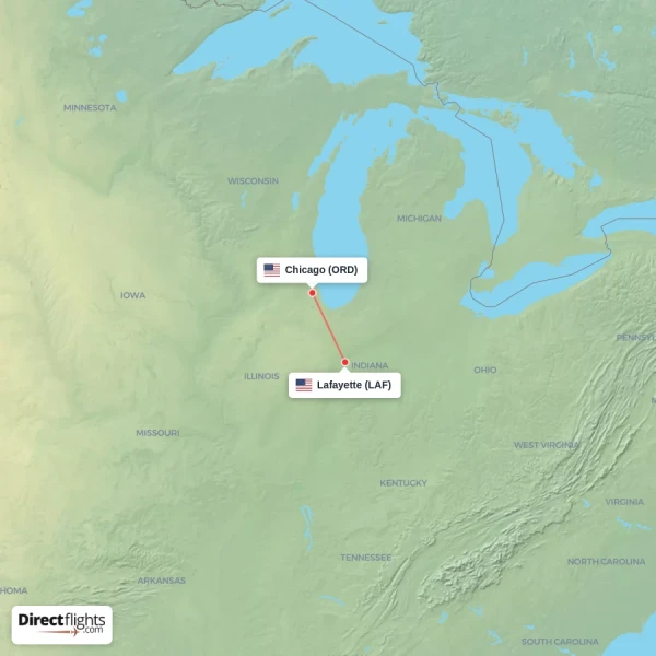 Chicago - Lafayette direct flight map
