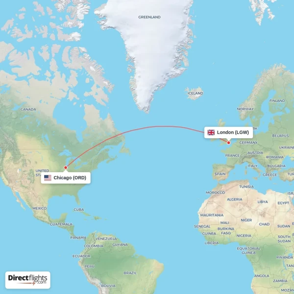 Chicago - London direct flight map