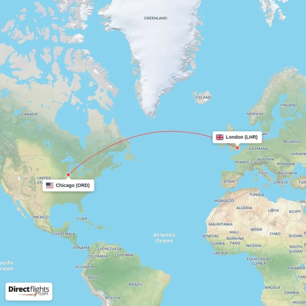 Chicago - London direct flight map