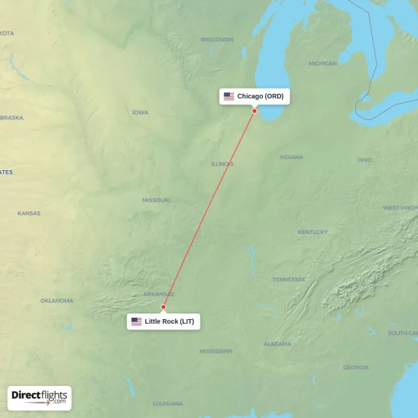 Chicago - Little Rock direct flight map