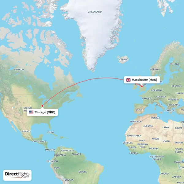 Chicago - Manchester direct flight map