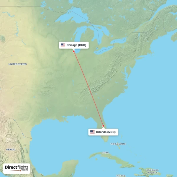 Chicago - Orlando direct flight map