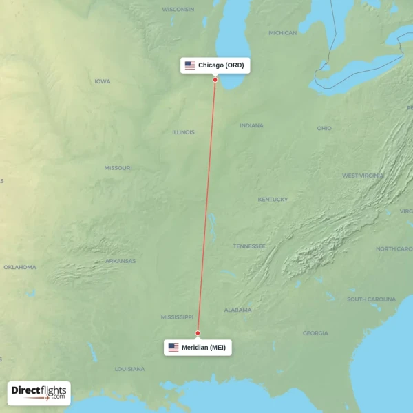 Chicago - Meridian direct flight map