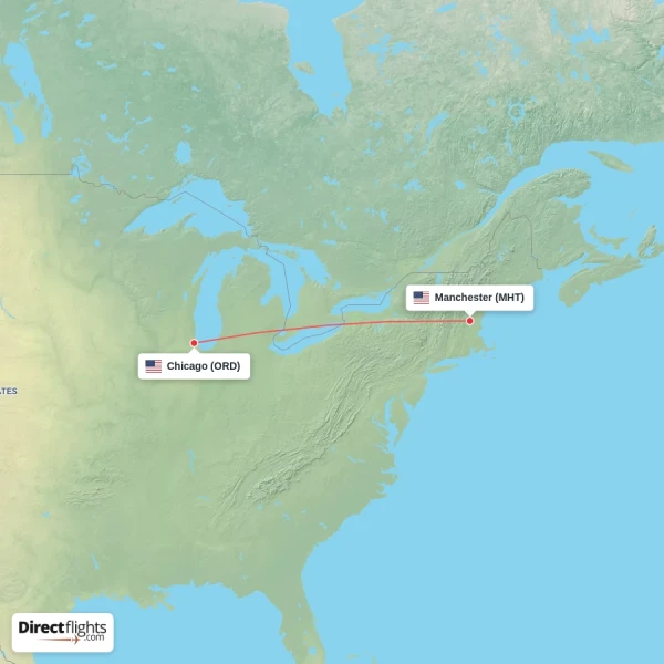 Chicago - Manchester direct flight map