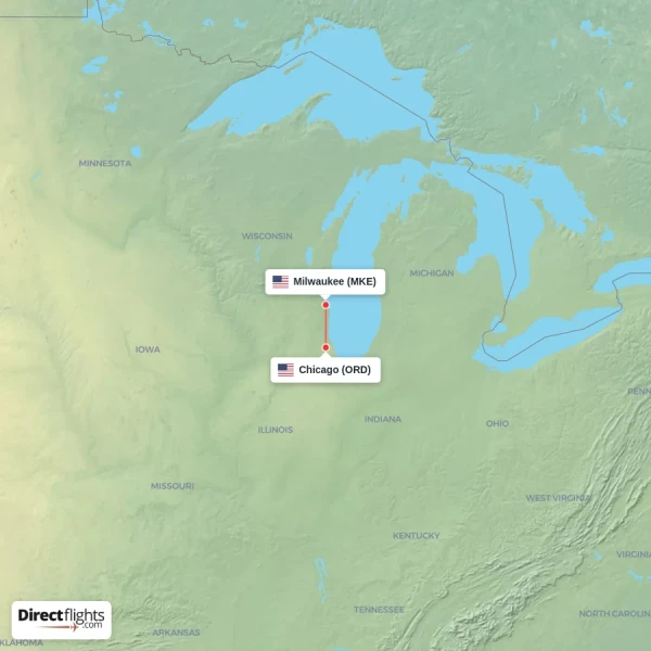 Chicago - Milwaukee direct flight map
