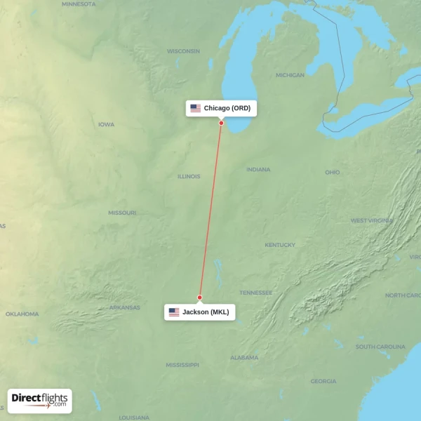 Chicago - Jackson direct flight map