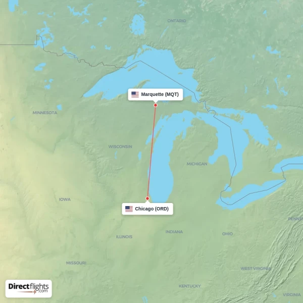 Chicago - Marquette direct flight map