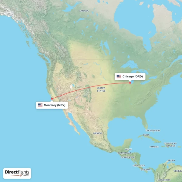 Chicago - Monterey direct flight map