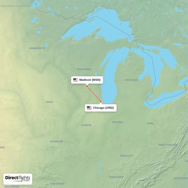 Chicago - Madison direct flight map