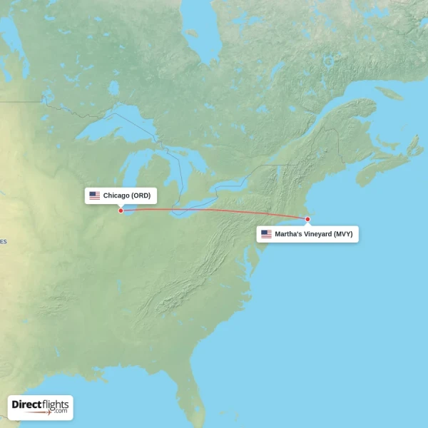 Chicago - Martha's Vineyard direct flight map