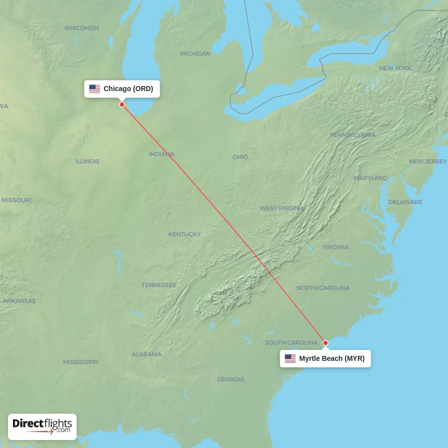 ORD - MYR route map