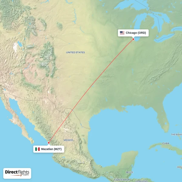 Chicago - Mazatlan direct flight map