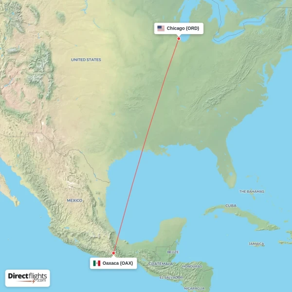 Chicago - Oaxaca direct flight map