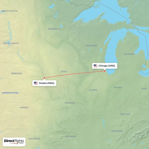 Chicago - Omaha direct flight map