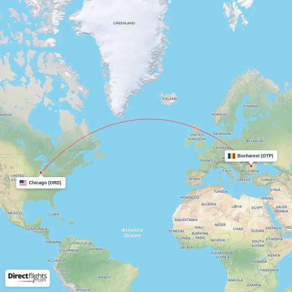 Chicago - Bucharest direct flight map