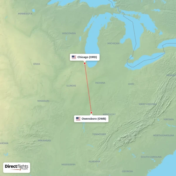 Chicago - Owensboro direct flight map