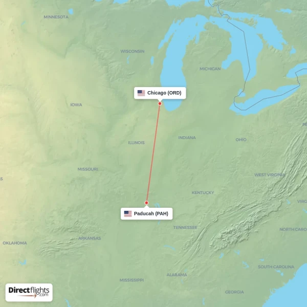 Chicago - Paducah direct flight map