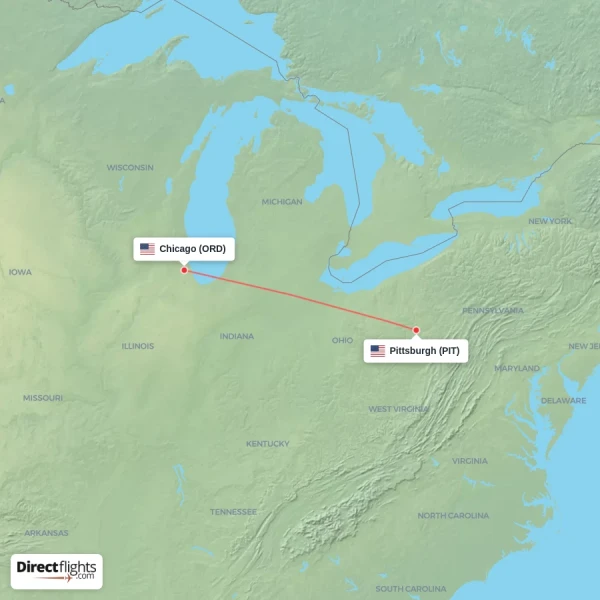 Chicago - Pittsburgh direct flight map