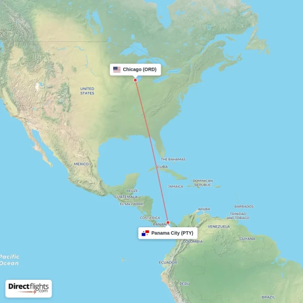 Chicago - Panama City direct flight map