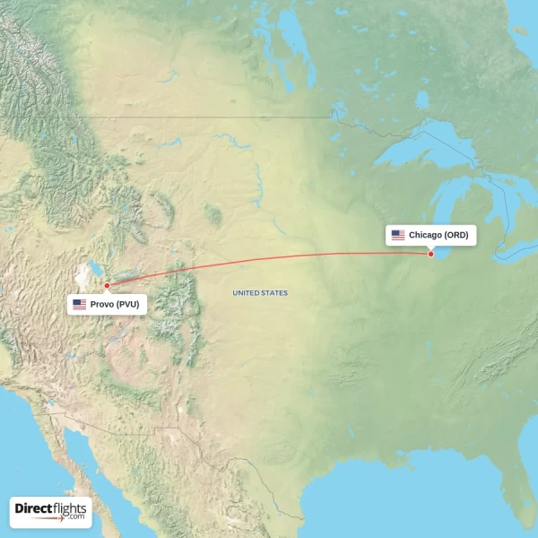 Chicago - Provo direct flight map