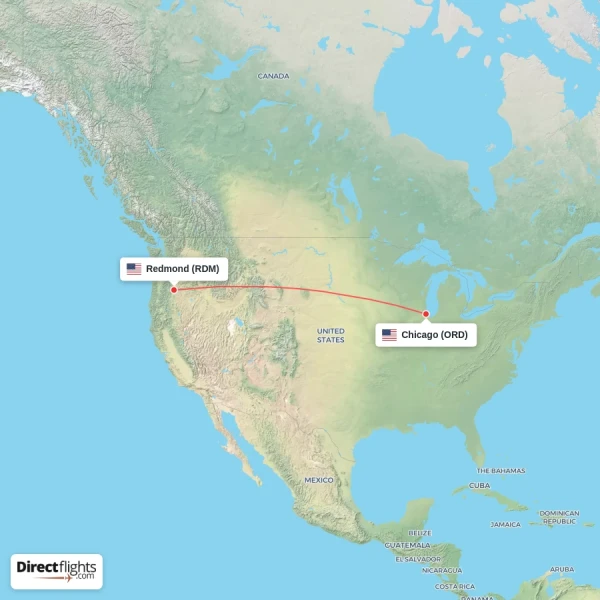Chicago - Redmond direct flight map