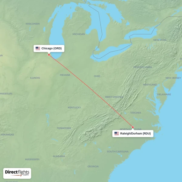 Chicago - Raleigh/Durham direct flight map