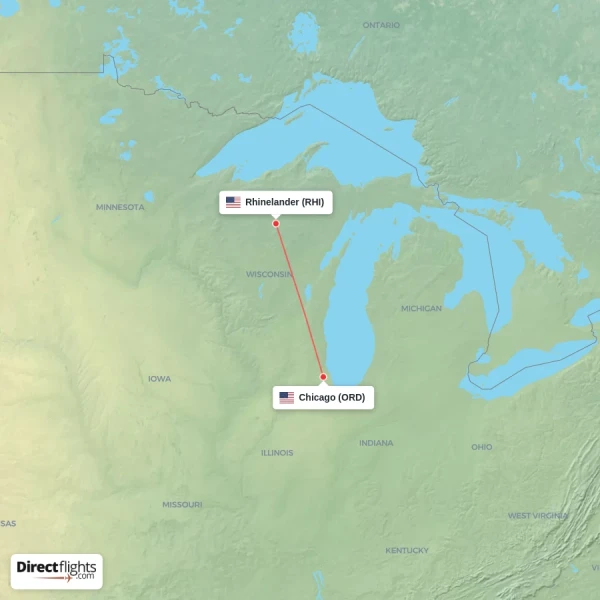 Chicago - Rhinelander direct flight map
