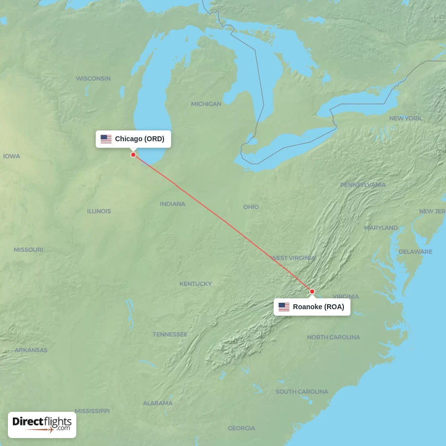 ORD - ROA route map
