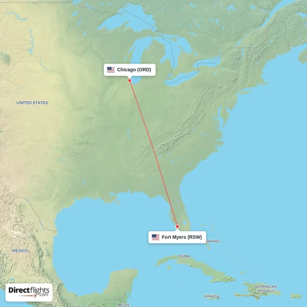 Chicago - Fort Myers direct flight map