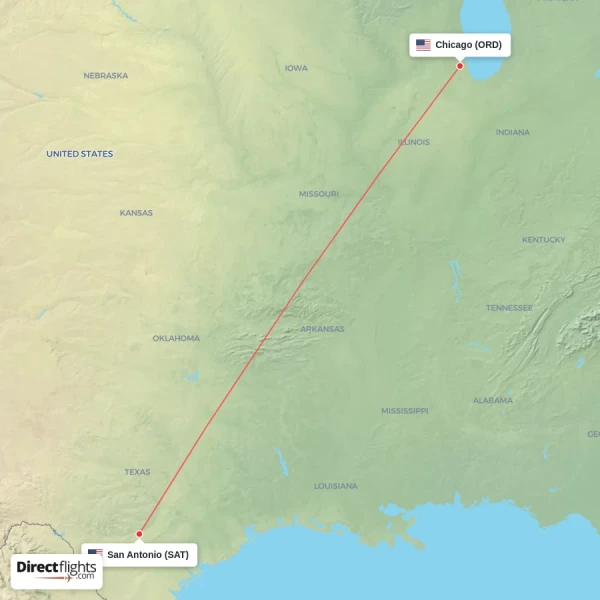 Chicago - San Antonio direct flight map