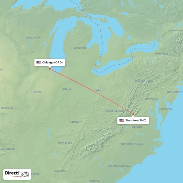 Chicago - Staunton direct flight map