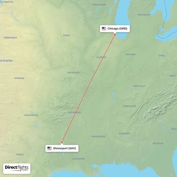 Chicago - Shreveport direct flight map