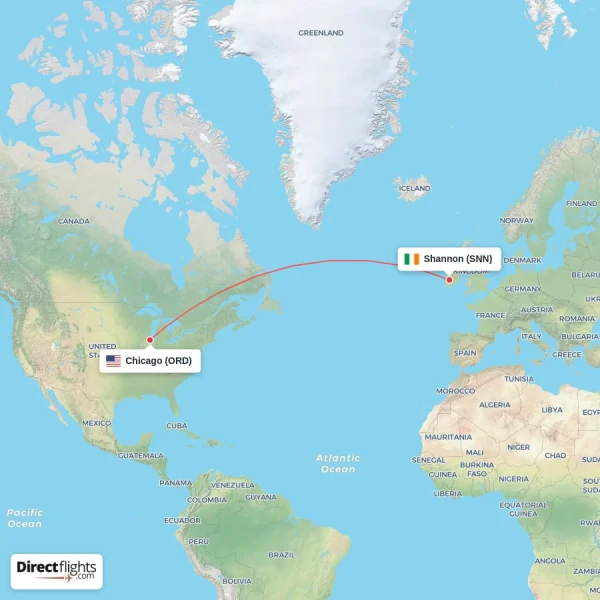 Chicago - Shannon direct flight map