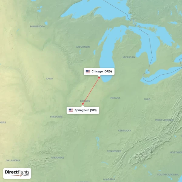 Chicago - Springfield direct flight map