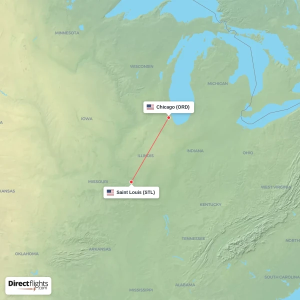 Chicago - Saint Louis direct flight map
