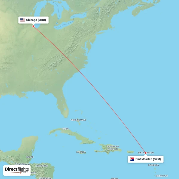 Chicago - Sint Maarten direct flight map