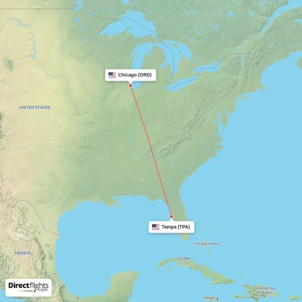 Chicago - Tampa direct flight map