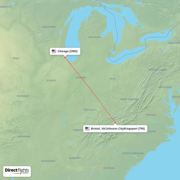 Chicago - Bristol, VA/Johnson City/Kingsport direct flight map