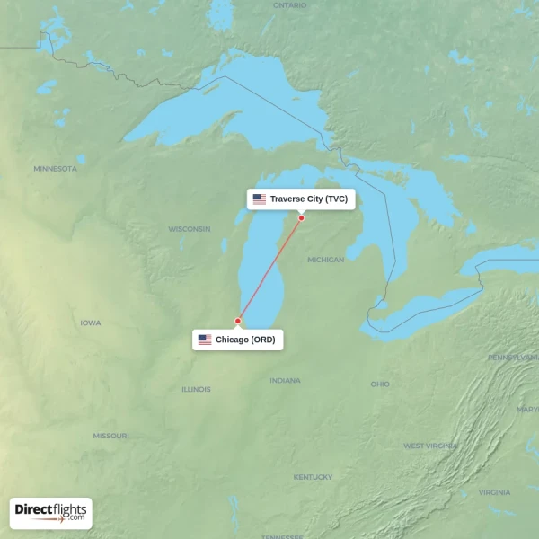 Chicago - Traverse City direct flight map