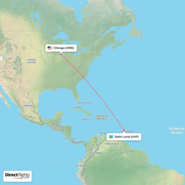 Chicago - Saint Lucia direct flight map