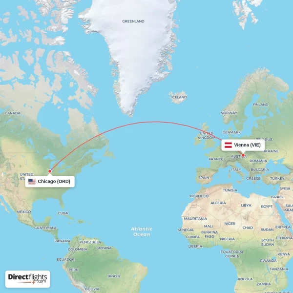 Chicago - Vienna direct flight map