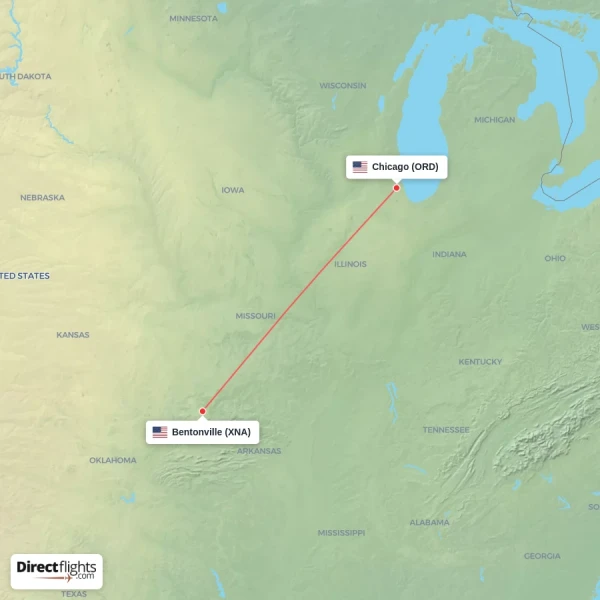 Chicago - Bentonville direct flight map