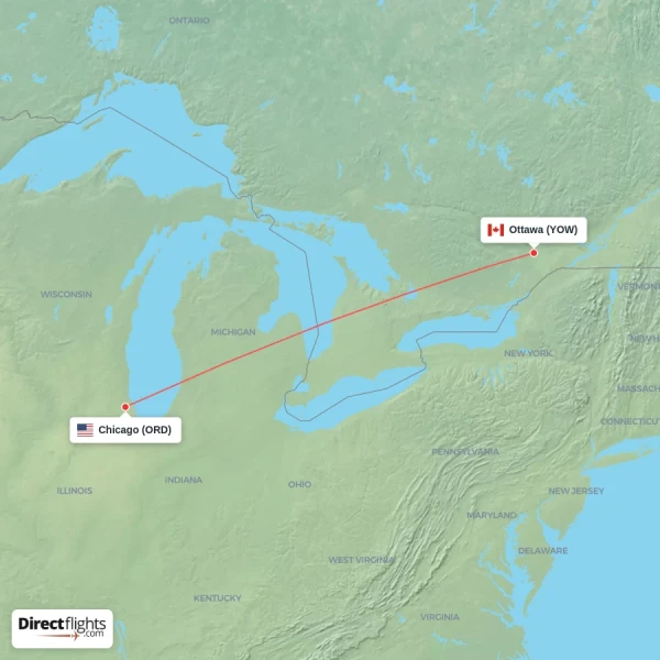 Chicago - Ottawa direct flight map