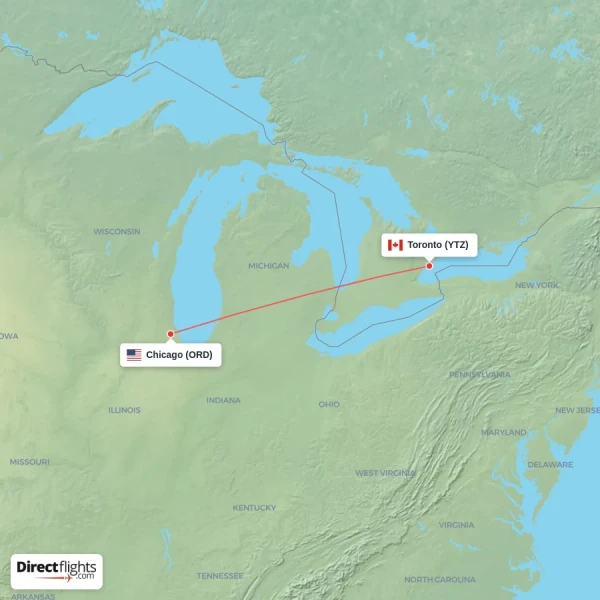 Chicago - Toronto direct flight map
