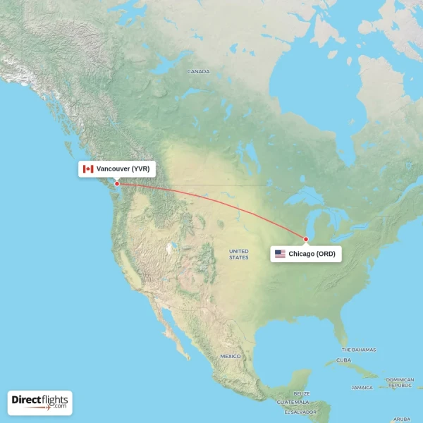 Chicago - Vancouver direct flight map