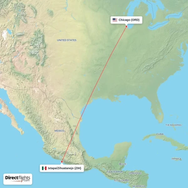 Chicago - Ixtapa/Zihuatanejo direct flight map