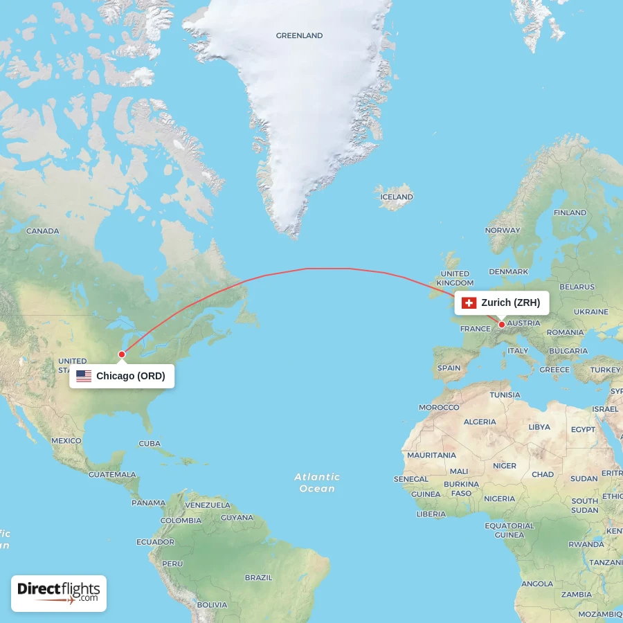 ORD - ZRH route map