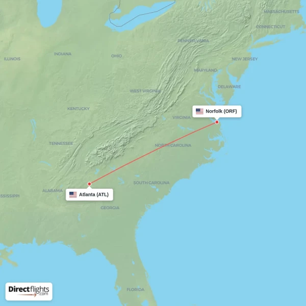 Norfolk - Atlanta direct flight map