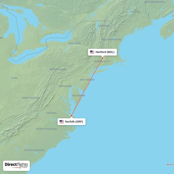 Norfolk - Hartford direct flight map