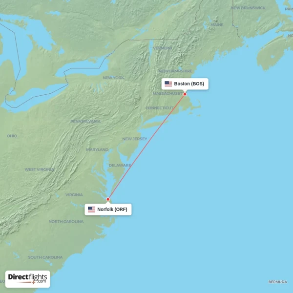 Norfolk - Boston direct flight map